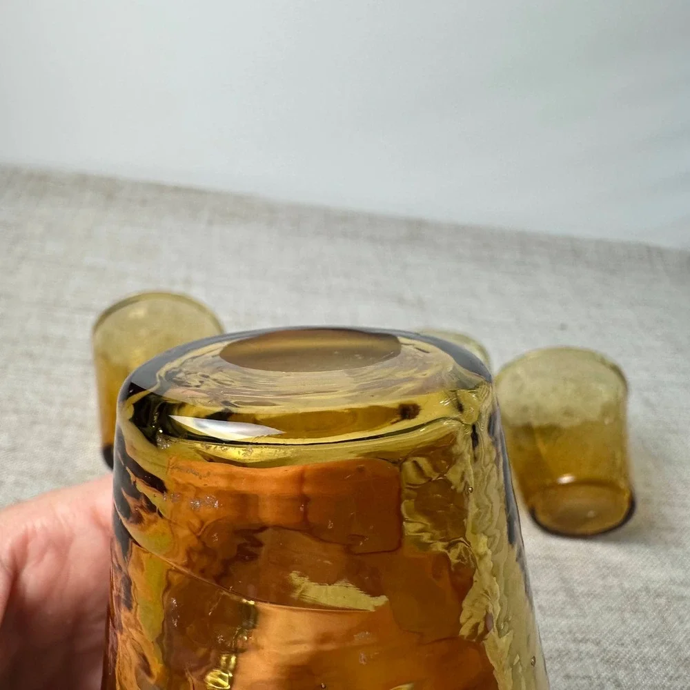 Hand Blown Amber Glass Petite Tumblers Set of 4 Pontil Bubble Art Glass Cups